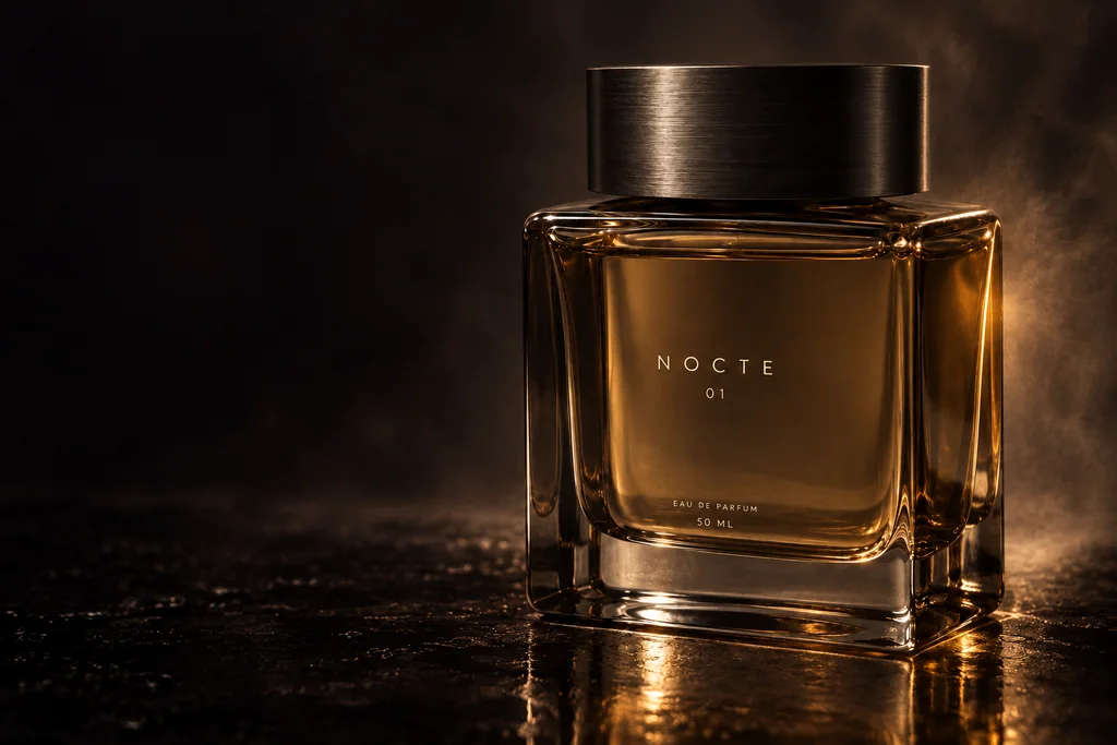 NOCTE 01 in smoked glass, illuminated by a warm amber reflection