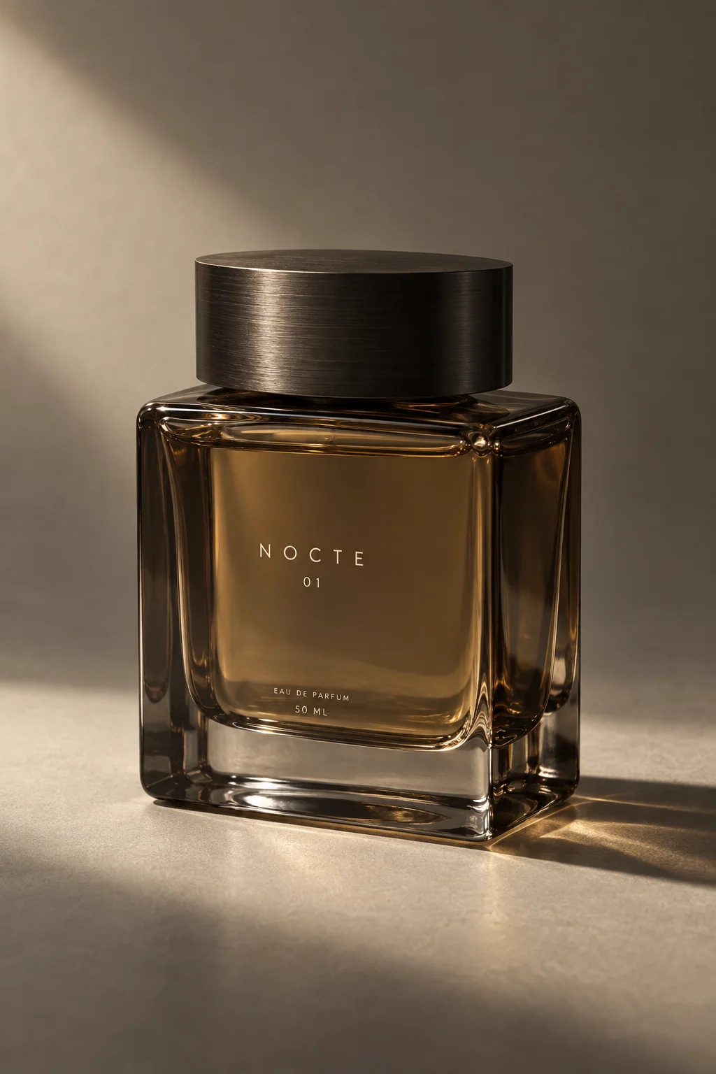 NOCTE 01, heavy smoked glass and a sculptural metal cap