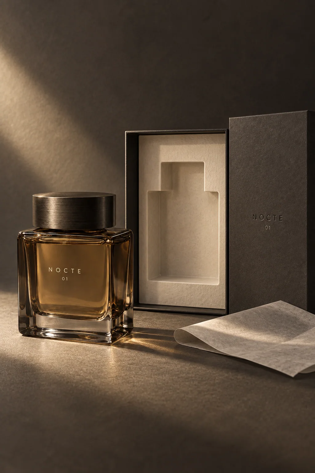 NOCTE 01 with charcoal packaging and bone paper insert